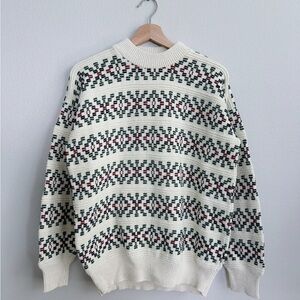Robert Stock cream Knit Grandpa Sweater blue/green/red pattern size Med vintage